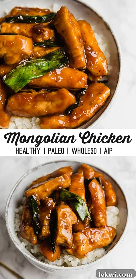 A beautifully plated dish of Mongolian Chicken, garnished with green onions and ready to be served.