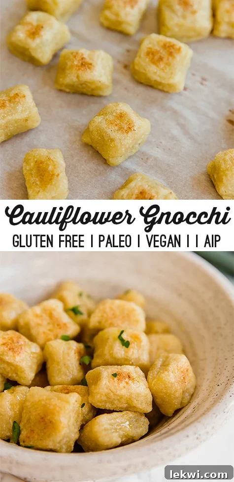 Cauliflower Gnocchi (Paleo, Gluten Free, Vegan, AIP Trader Joe's Copycat) - A beautiful pin image for social media.