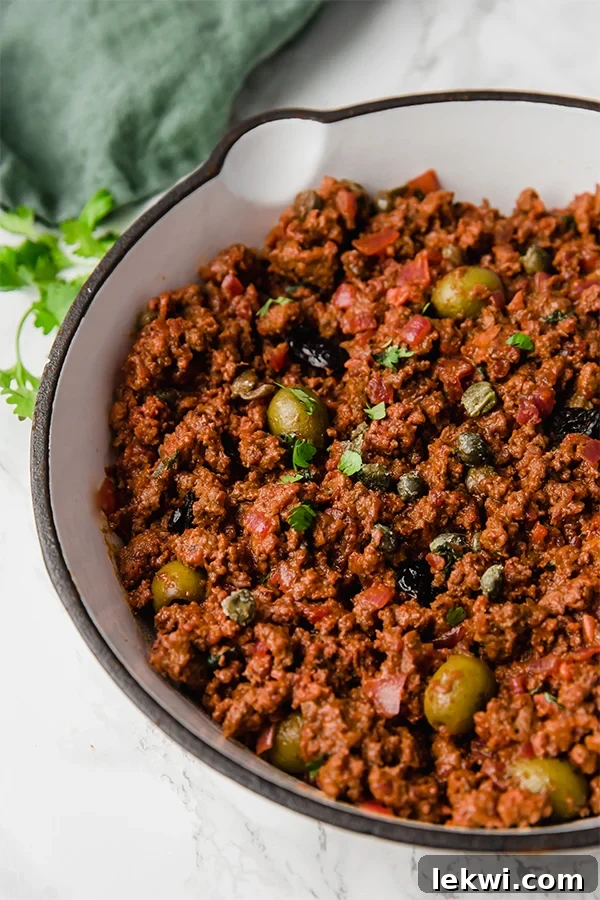 Paleo Whole30 AIP and Nightshade Free Cuban Picadillo 3 Close-up of a serving of Cuban Picadillo, showcasing its rich texture and vibrant ingredients.