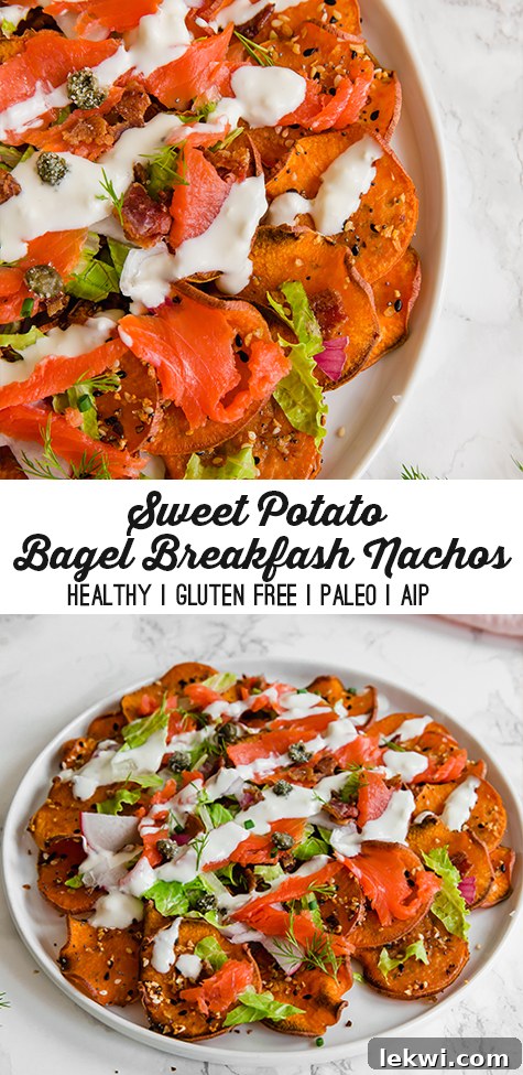 A white plate filled with everything bagel & lox breakfast nachos with text reading \"sweet potato bagel breakfast nachos healthy gluten free paleo aip\"