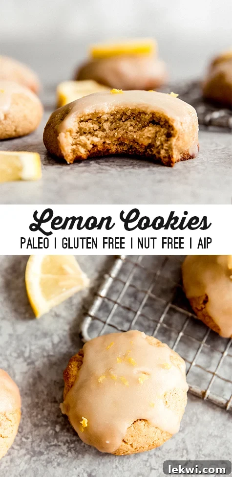 A Pinterest-friendly graphic featuring paleo lemon cookies and text overlays promoting the recipe.