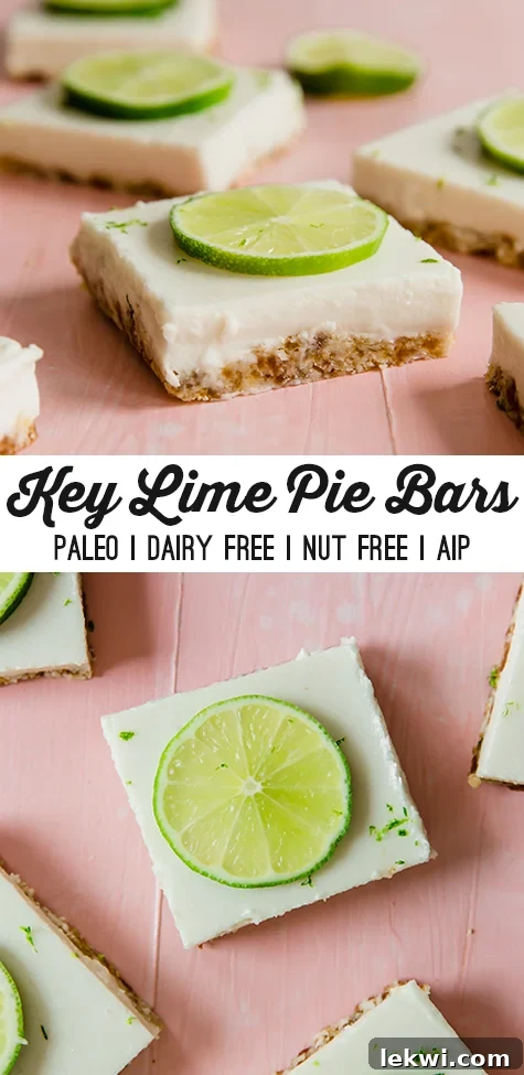 Paleo Key Lime Pie Bars arranged on a light background, highlighting their smooth texture and garnished with fresh lime slices, optimized for Pinterest.