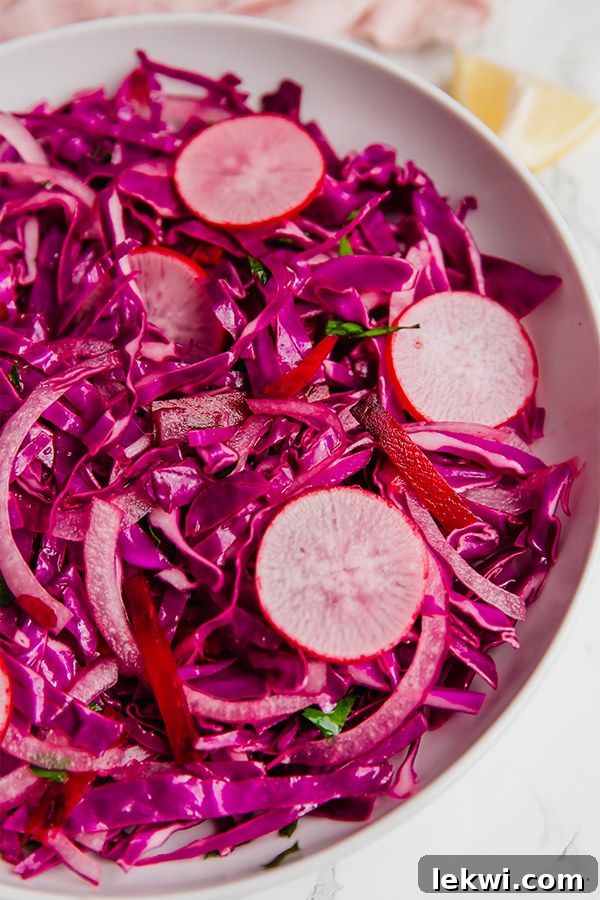 A brightly colored purple coleslaw presented in a serving bowl, showcasing its fresh and vibrant appearance.