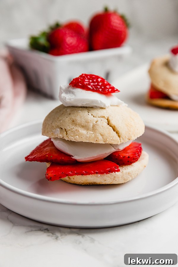 A beautifully plated Paleo strawberry shortcake, with fresh berries and cream.