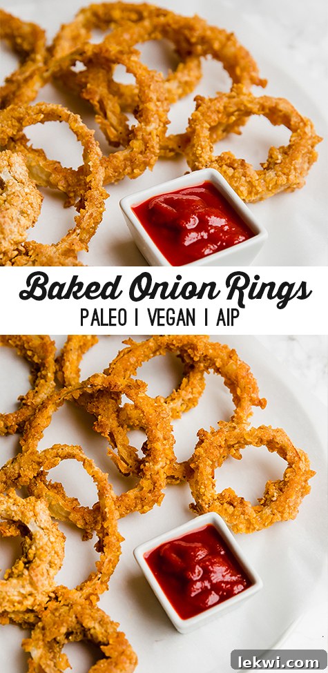 A white plate filled with baked onion rings next to a small bowl of dipping sauce with text reading "baked onion rings paleo vegan aip"