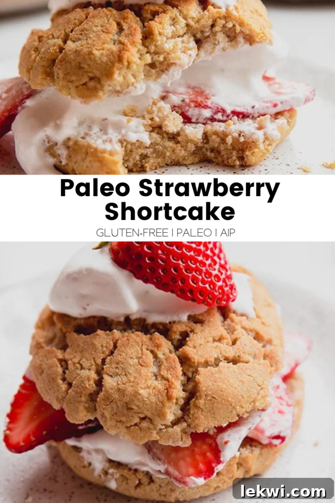 Collage with text \"Paleo Strawberry Shortcake Gluten-Free | Paleo | AIP.\"