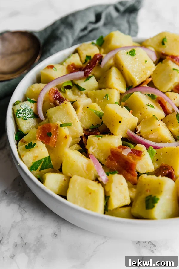 Delicious no-mayo potato salad ready for serving, garnished with fresh herbs.