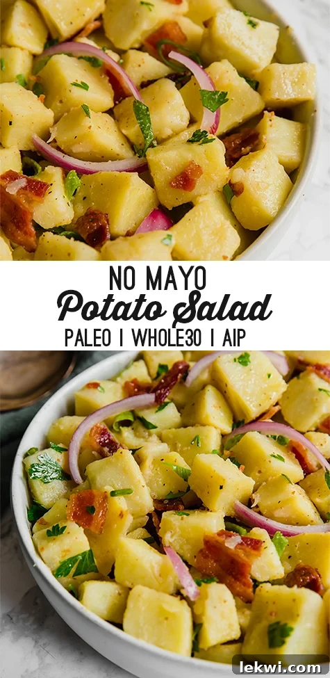 No Mayo Potato Salad (Paleo, Whole30, AIP) banner image with ingredients.