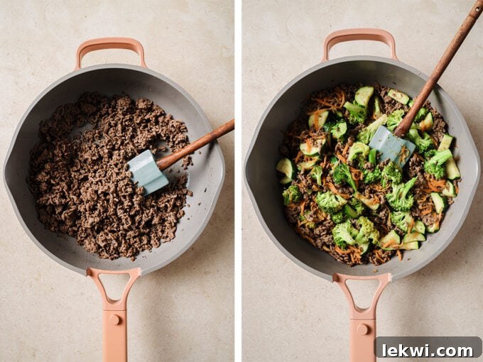 Two images: one showing ground beef browning in a skillet, the other showing vegetables added to the pan.