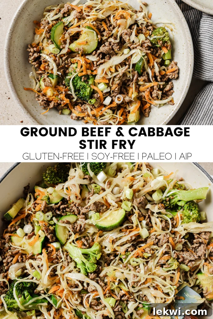A collage of images featuring ground beef and cabbage stir fry with text overlays indicating 'Gluten-Free, Soy-Free, Paleo, AIP.'