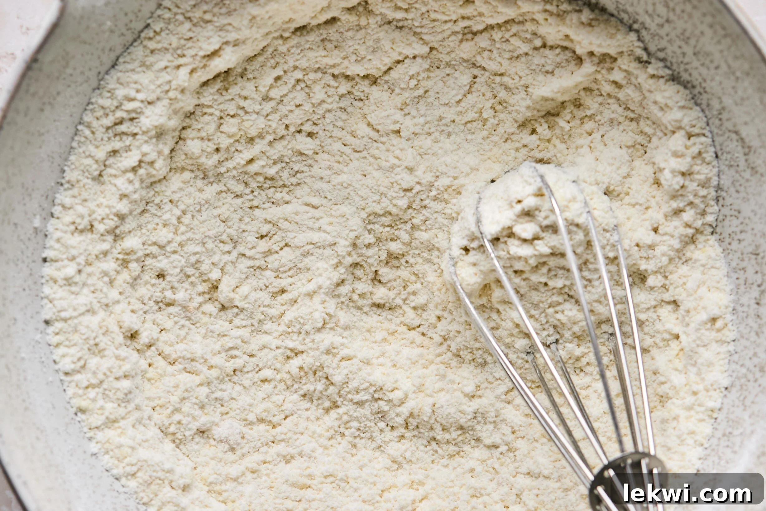 A whisk blending dry ingredients, including white tapioca starch and light brown tigernut flour, in a clear glass bowl, preparing for the sugar cookie crust.