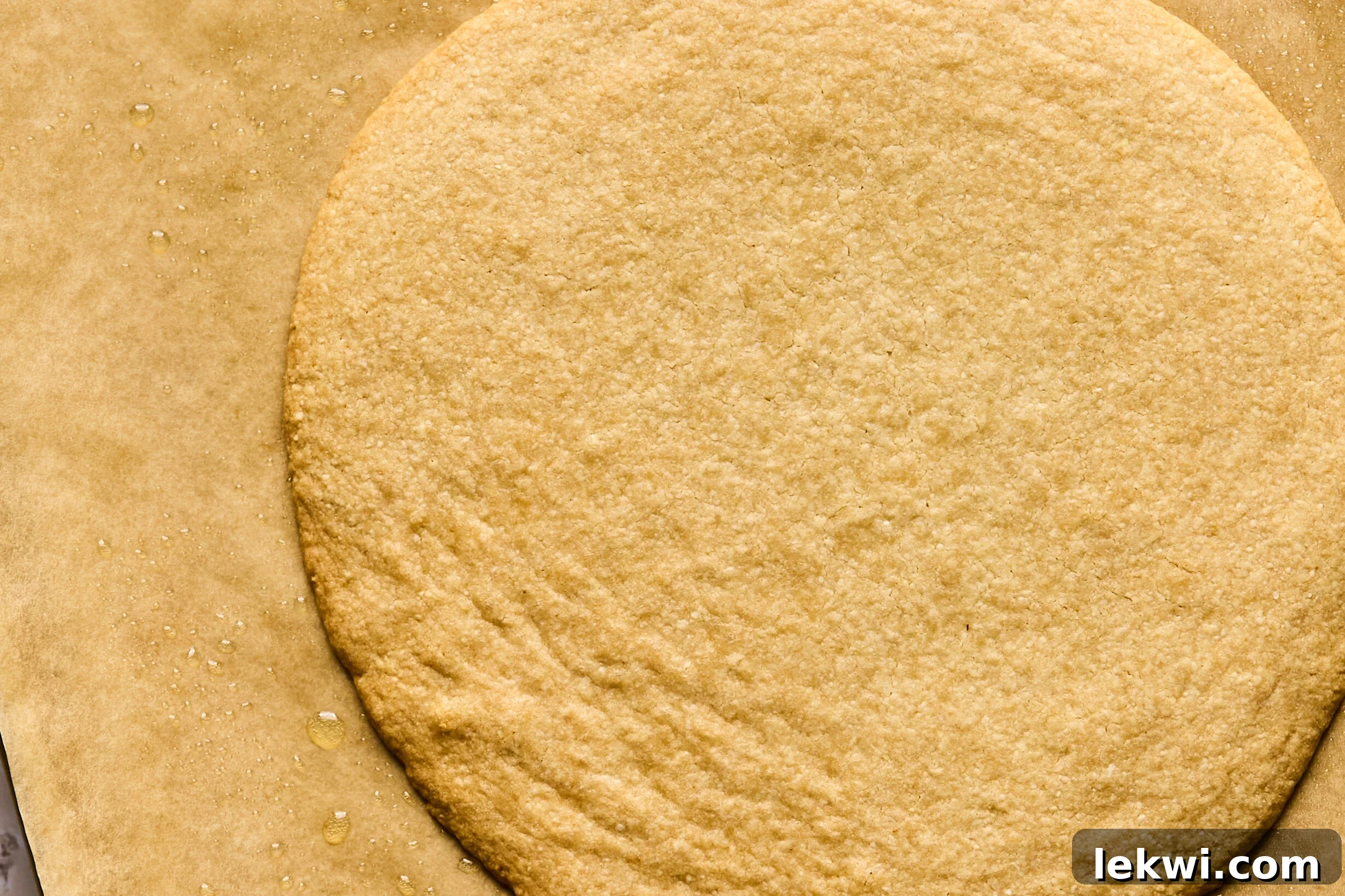 A golden-brown, baked sugar cookie pizza crust with slightly raised edges, cooling on a baking sheet after being removed from the oven.