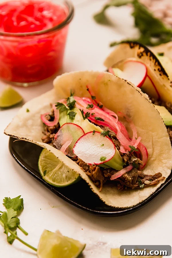 Close-up of barbacoa beef tacos with various toppings.