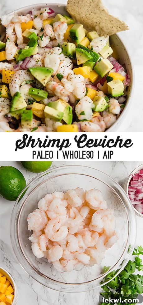 A white bowl filled with shrimp ceviche with text reading "shrimp ceviche paleo whole30 aip" perfect for pinning and sharing.