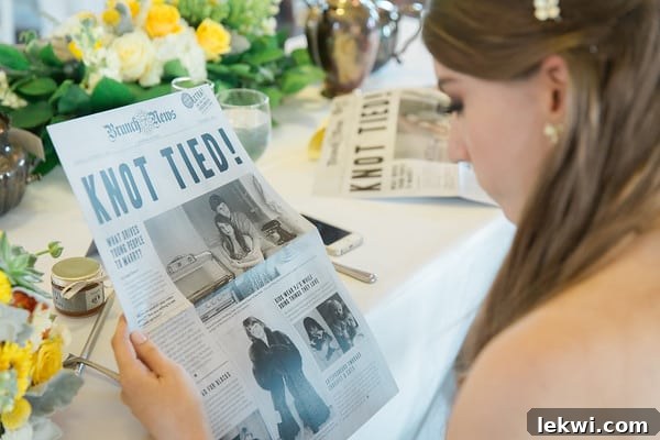 Custom wedding newspaper featuring childhood photos and articles.