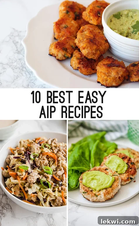 Photos of sweet potato chicken poppers, chicken burgers, and egg roll in a bowl with text reading \"10 best easy aip recipes\"