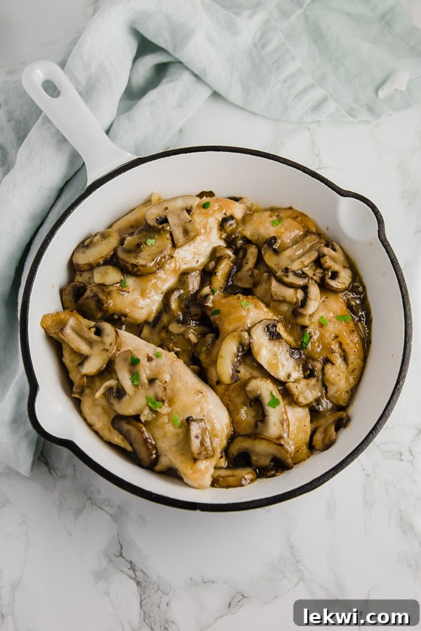 A cooking pan with chicken marsala after cooking.