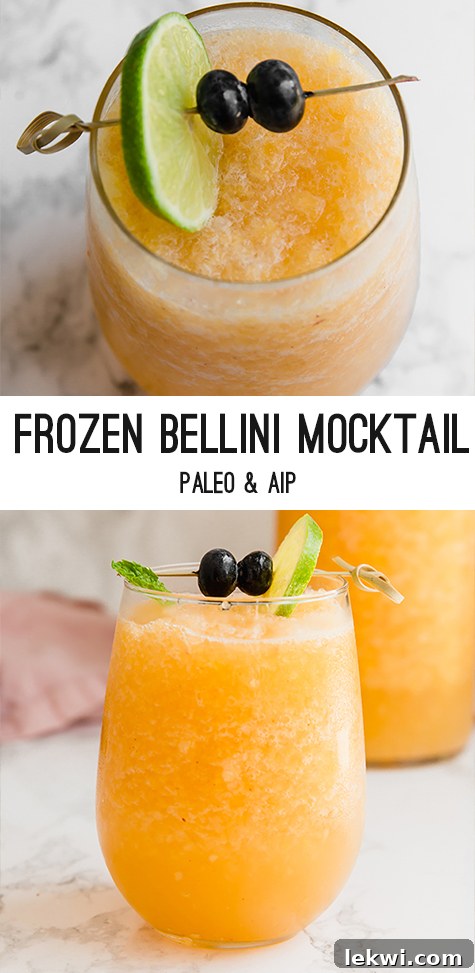 A close-up shot of a single glass of peach bellini mocktail, garnished with fresh fruit, emphasizing its refreshing appeal.