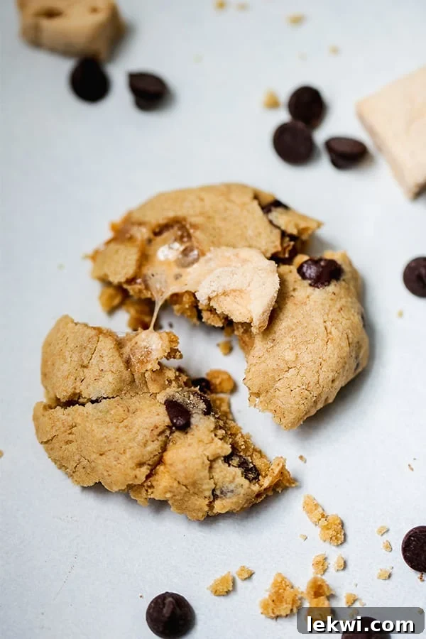 A s'mores cookie broken in half, revealing gooey marshmallow and chocolate.
