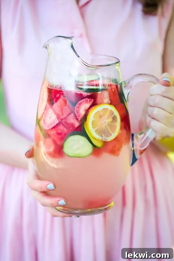 A clear pitcher filled with refreshing infused water, garnished with ginger slices and various fruits.