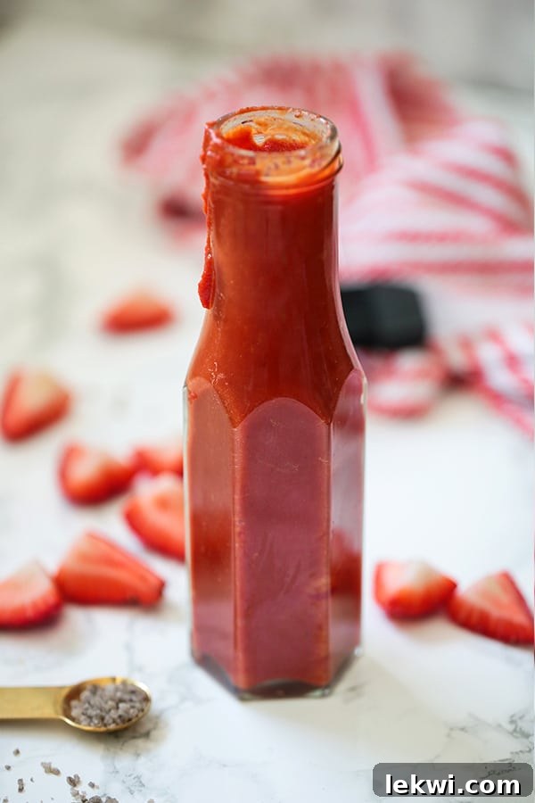 A glass jar with vibrant strawberry balsamic bbq sauce, with fresh strawberries in the background.