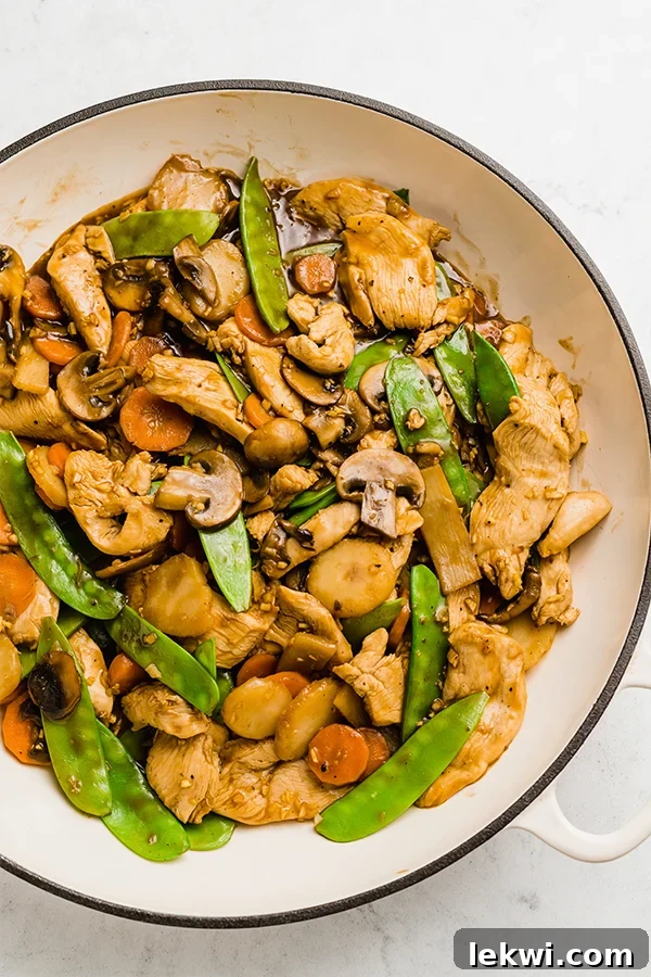 A large skillet filled with freshly cooked Moo Goo Gai Pan, ready to be served.