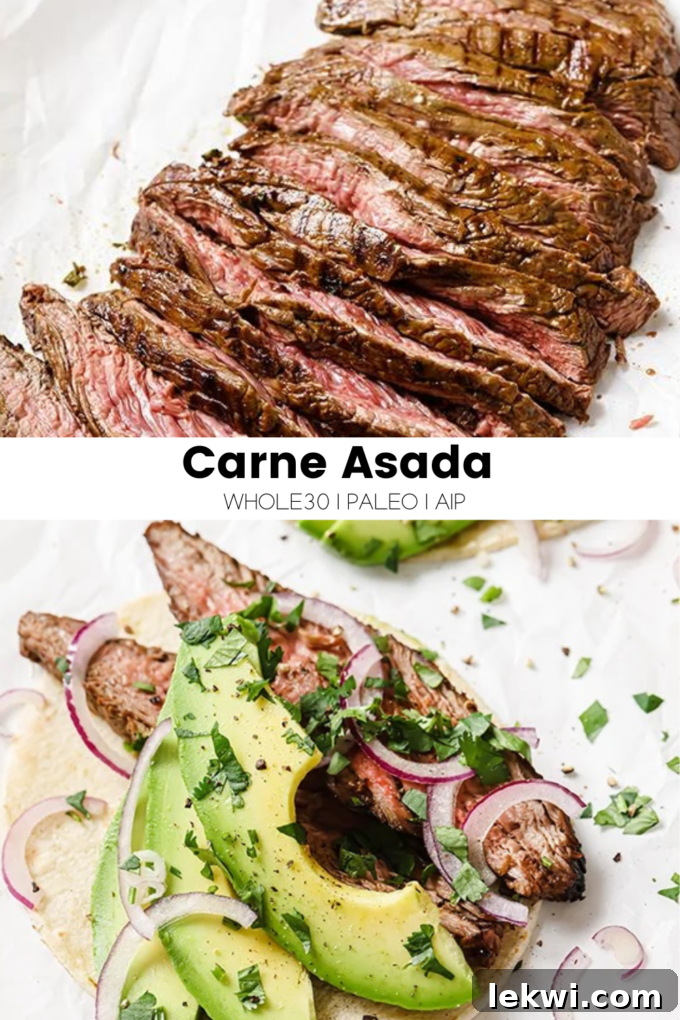 Collage with text "Carne Asada Whole30 | Paleo | AIP."