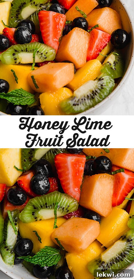 Pin graphic featuring the Honey Lime Mint Fruit Salad for saving on Pinterest