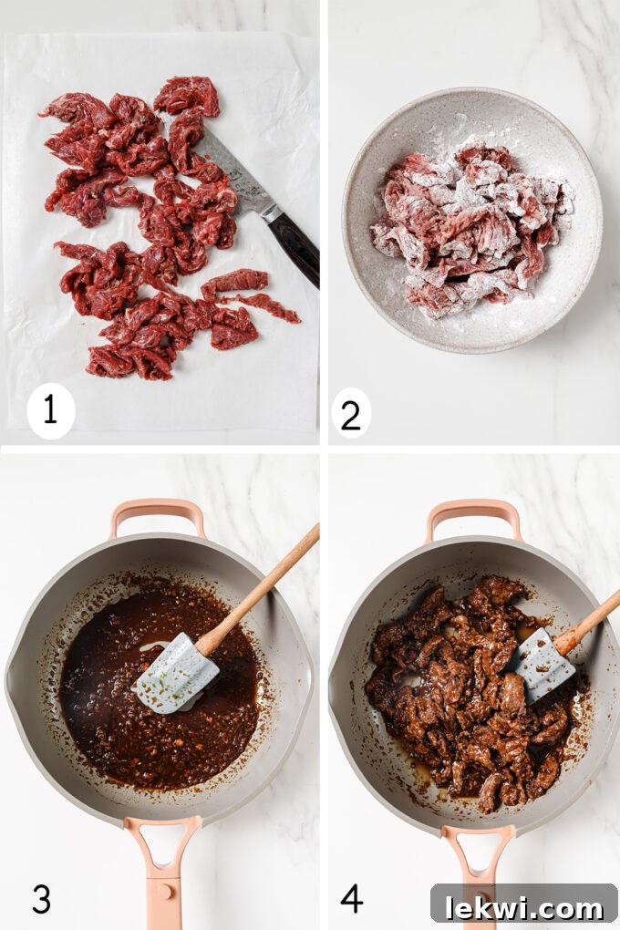 A step-by-step collage of four photos showing orange beef being tossed in arrowroot starch, then cooked in a skillet with sauce.