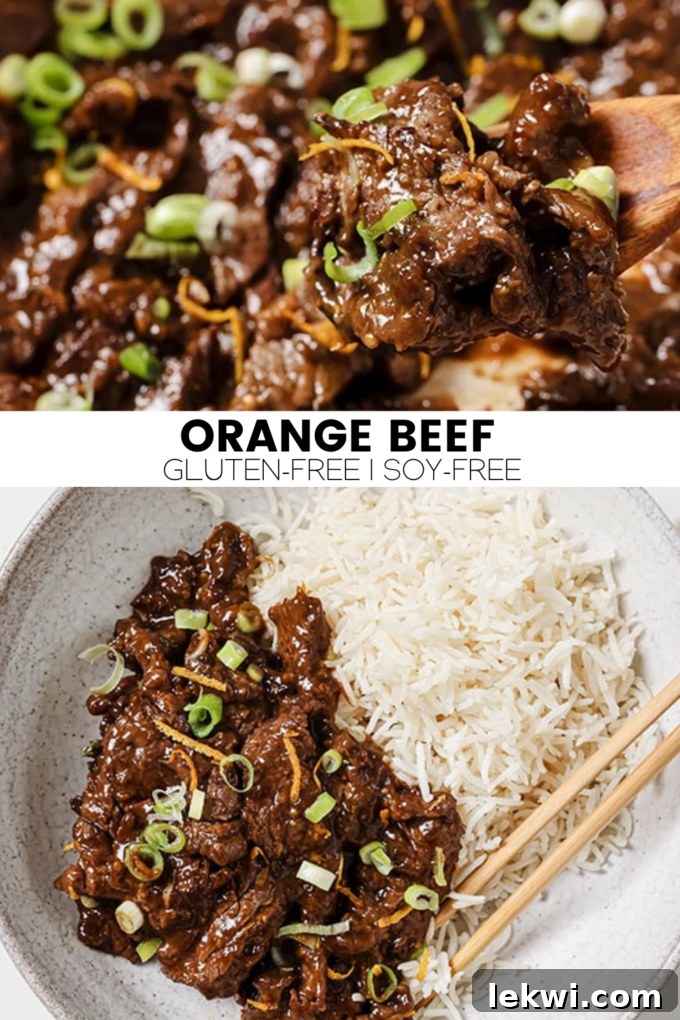 A top-down shot of a serving of Orange Beef in a bowl, garnished with green onions and orange zest, with chopsticks nearby.