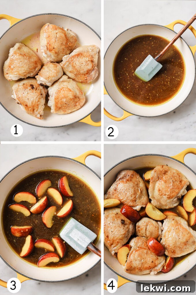 Step by step photo of balsamic peach chicken thighs being cooked in a pan. Chicken and peaches simmering in sauce.