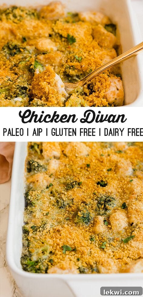 Chicken divan in a large white baking dish, fresh out of the oven, with a rustic kitchen background.
