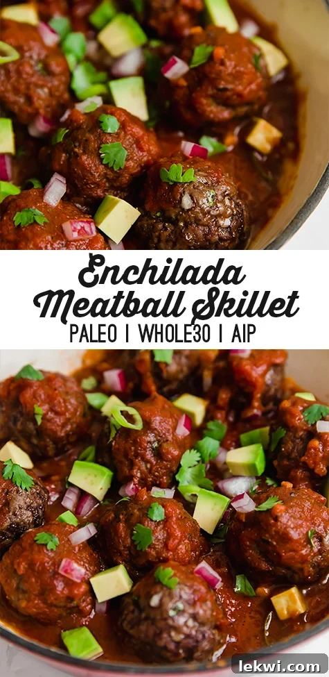 A pan filled with cooked enchilada skillet topped with avocado and fresh herbs with text reading \"enchilada meatball skillet paleo whole30 aip\"
