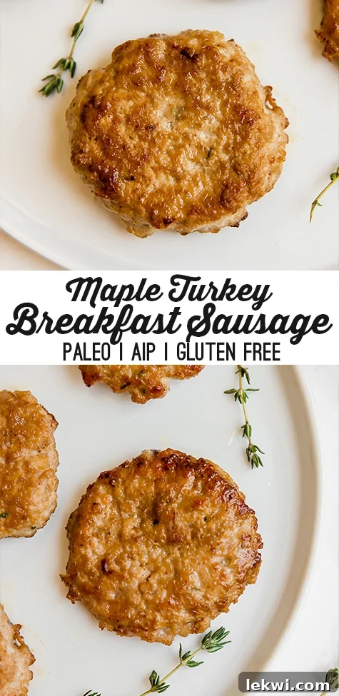 A perfectly cooked turkey maple breakfast sausage patty, displayed on a plate, highlighting its texture and golden-brown exterior, suitable for paleo and AIP.