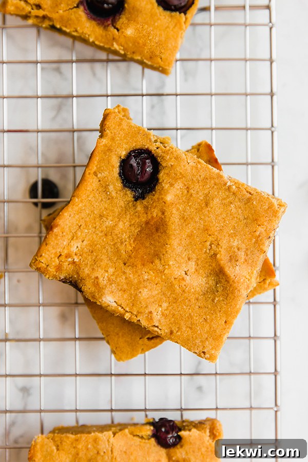 Close-up of baked Pumpkin Blueberry Breakfast Bars with visible pumpkin and blueberries