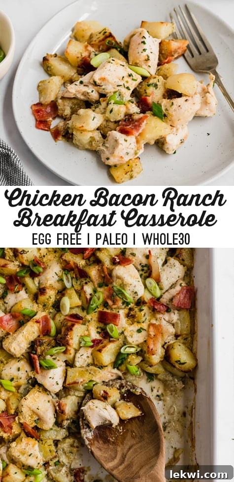 A graphic image featuring a chicken bacon ranch casserole with text overlay reading "chicken bacon ranch breakfast casserole egg free paleo whole30", perfect for Pinterest sharing.