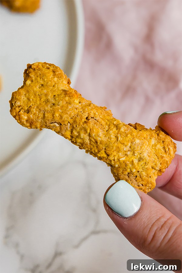A human hand gently holding a homemade peanut butter dog treat, showing its perfect texture.