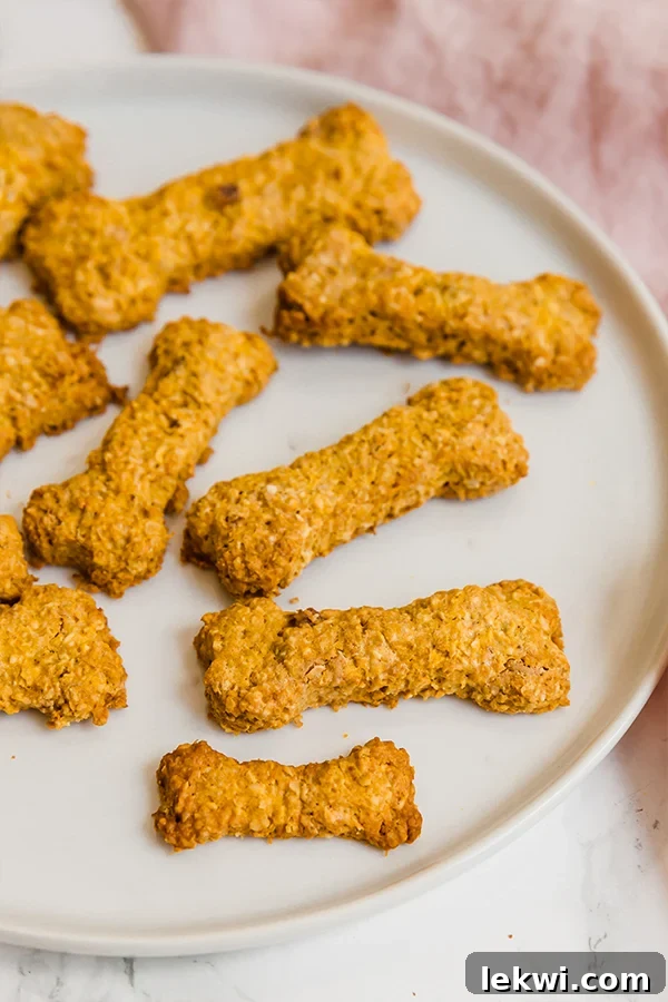 A white plate filled with homemade peanut butter dog treats, ready to be enjoyed by a happy dog.