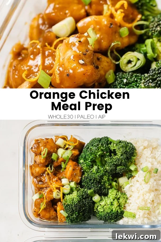 Pinterest graphic for Orange Chicken Meal Prep highlighting Whole30, Paleo, AIP compatibility.