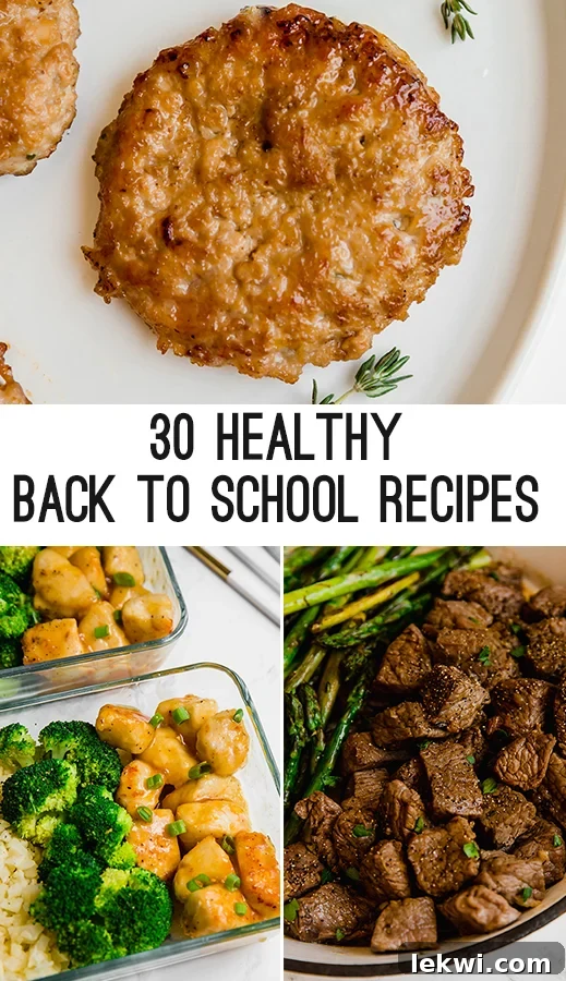 A vibrant spread of various healthy back to school meals, including breakfast, lunch, and snack ideas, all paleo, whole30, and AIP compliant. Featuring chicken poppers, breakfast bars, and colorful stir-fries.
