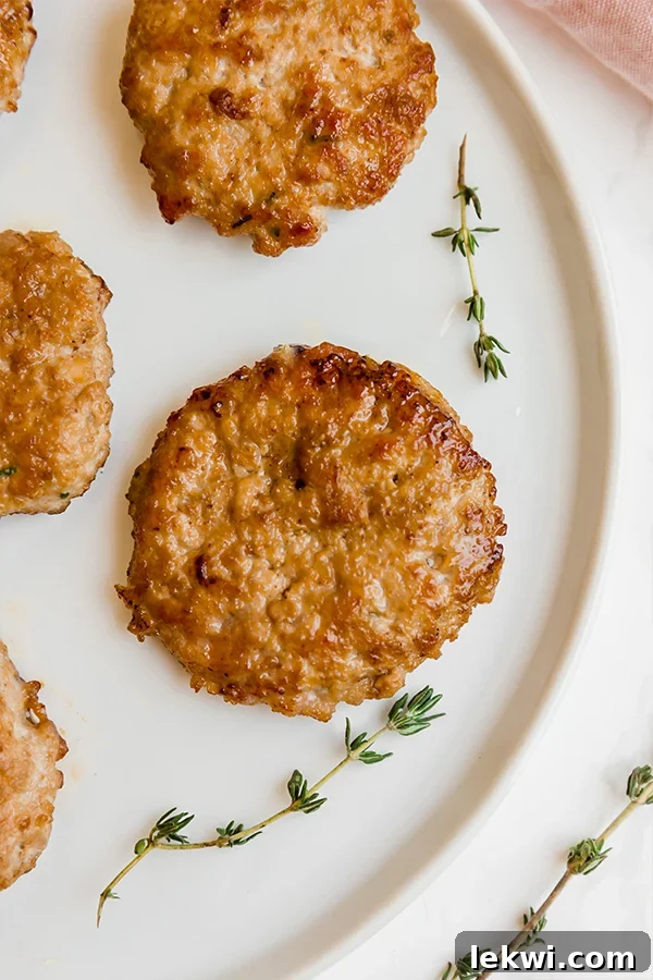 A clean white plate showcasing perfectly cooked homemade turkey breakfast sausage patties, inviting and ready to be enjoyed as a healthy breakfast.