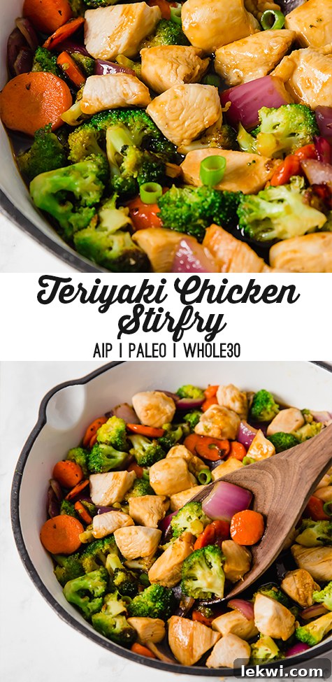 A mouth-watering image of teriyaki chicken stir-fry, featuring tender chicken, crisp vegetables, and a rich sauce, perfectly suitable for AIP, Paleo, and Whole30 diets.