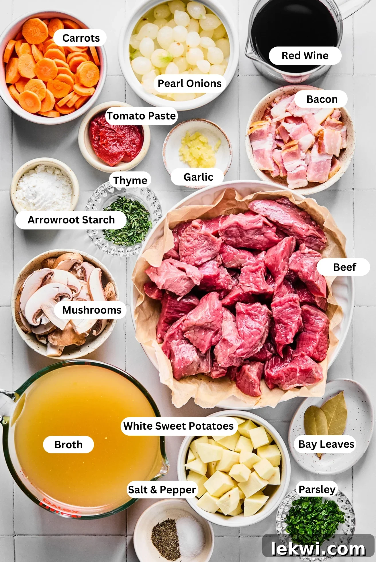 All the ingredients to make beef bourguignon laid out and ready to cook.