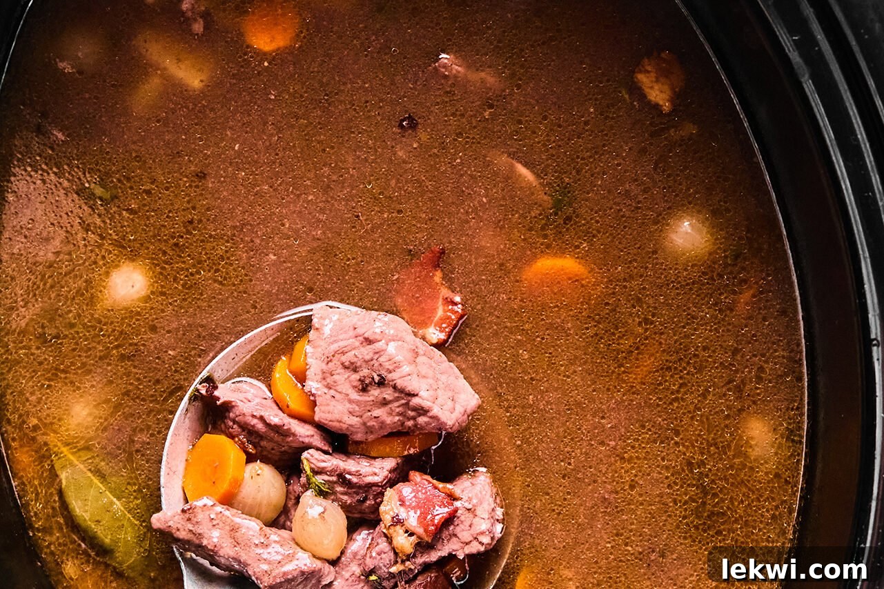 A laddle scooping a serving of beef bourguignon out after it has finished cooking.