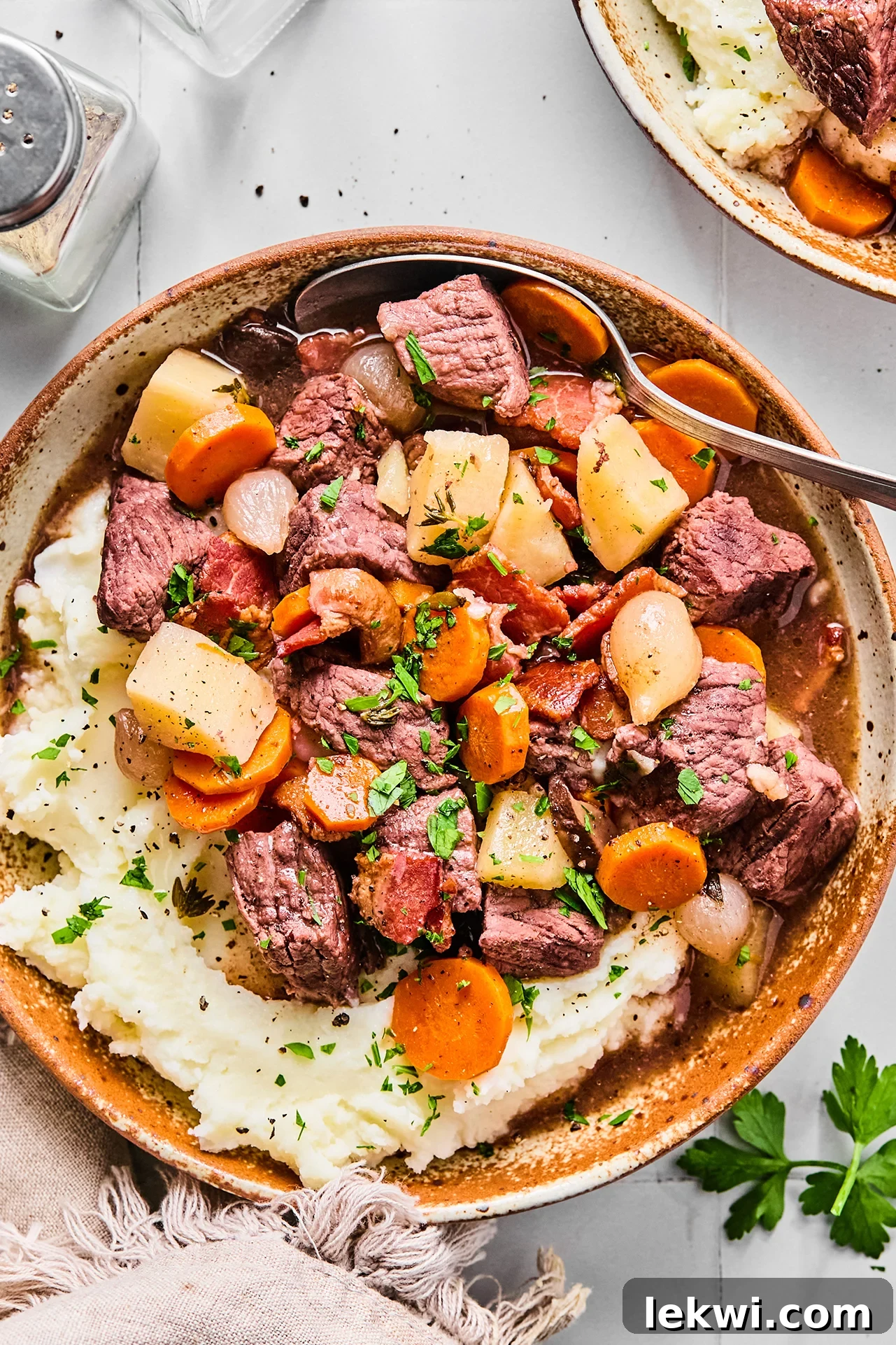Spoon in a bowl of beef bourguignon with mashed potatoes.