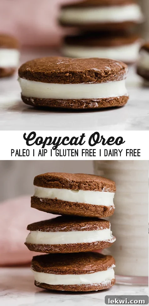 A vibrant hero image showcasing a stack of homemade Paleo Oreo cookies, enticing viewers to click and discover the gluten-free, dairy-free, paleo, and AIP-friendly recipe.