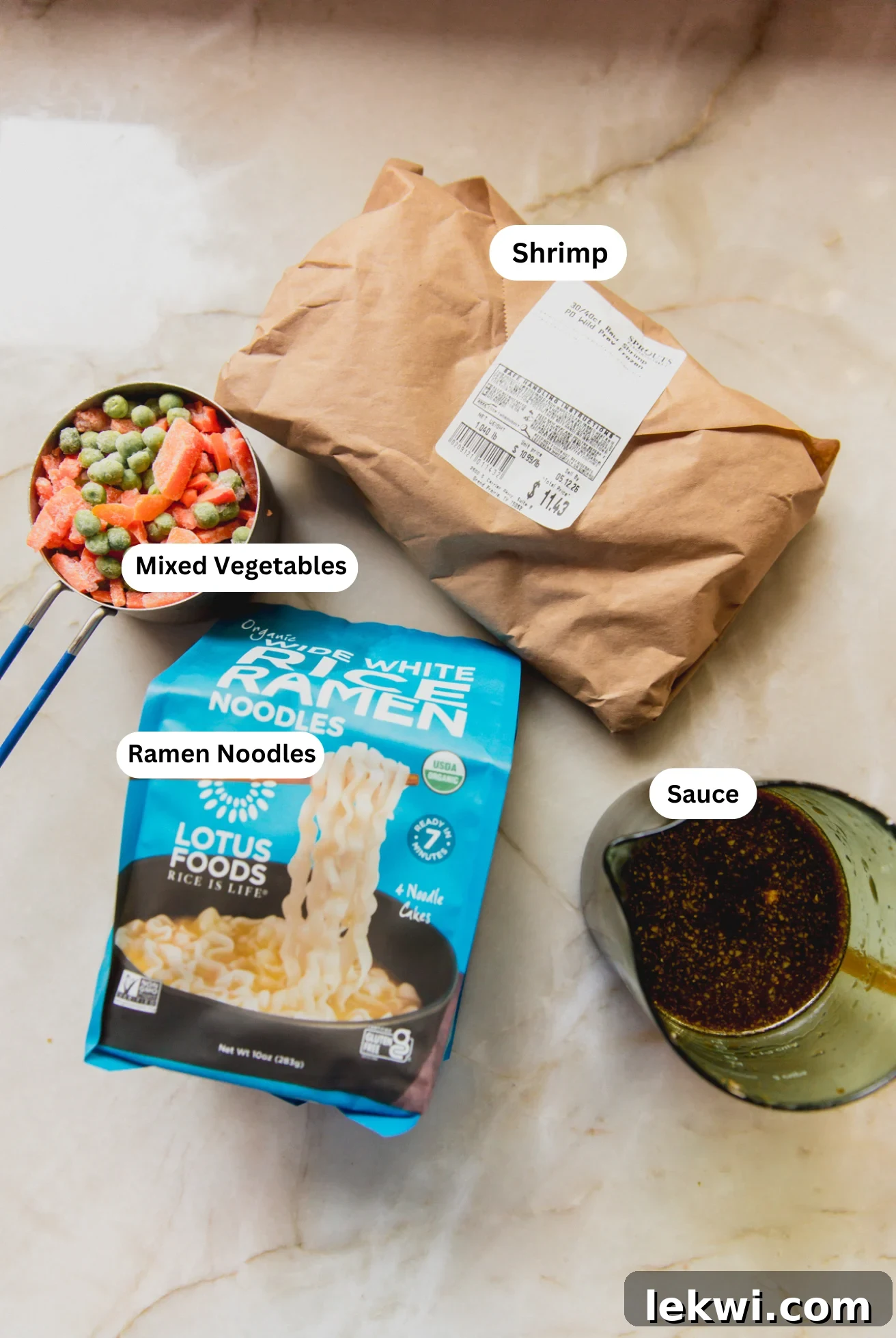 All the ingredients needed to make the shrimp ramen noodle bake before cooking begins.