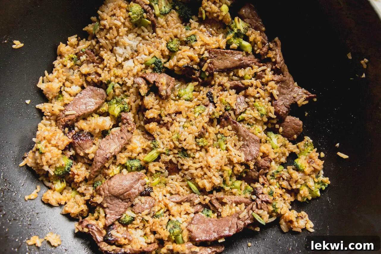 The finished beef and broccoli fried rice after cooking all the ingredients and combining.