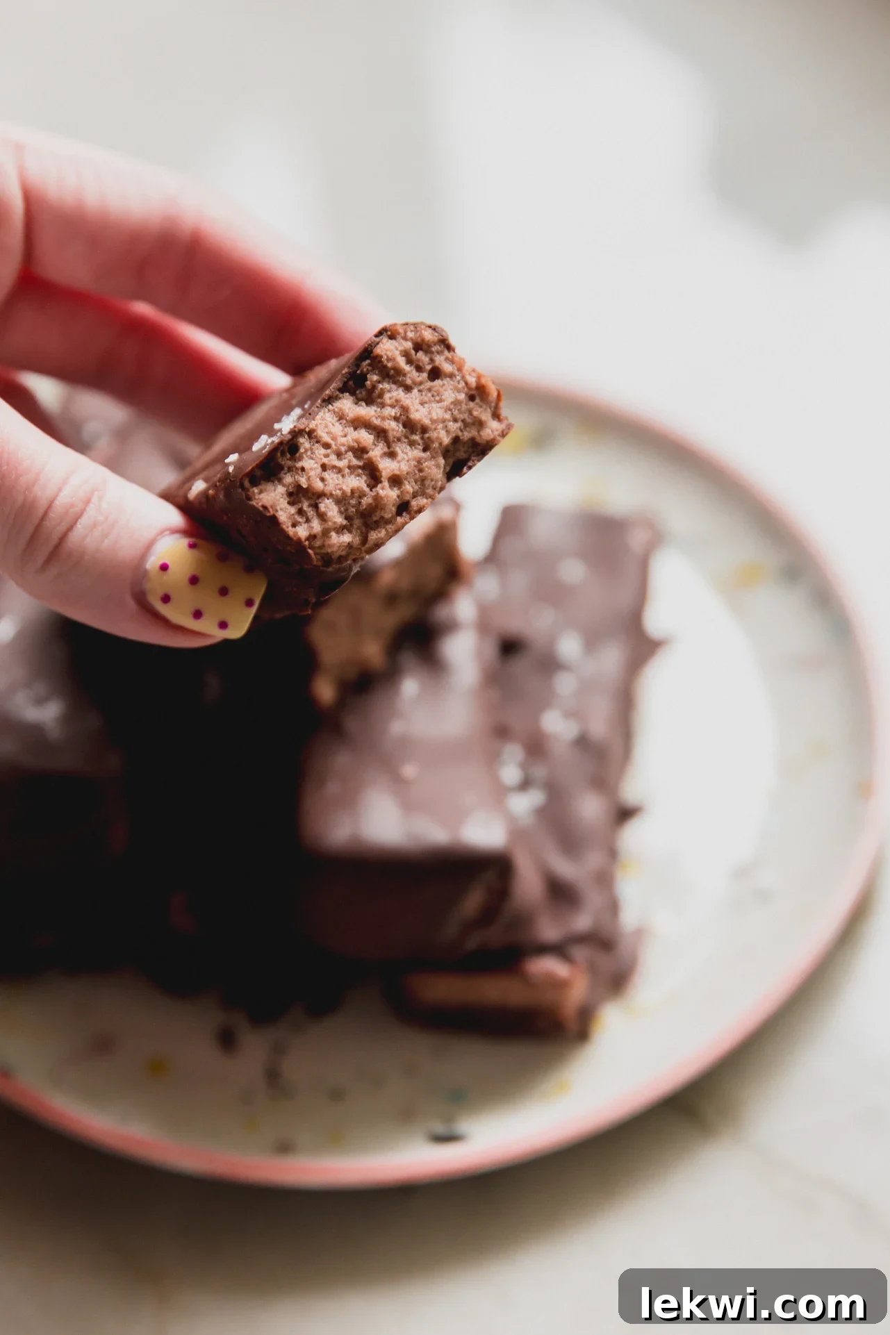 Brownie marshmallow protein bars on a plate with one cut in half and being held.
