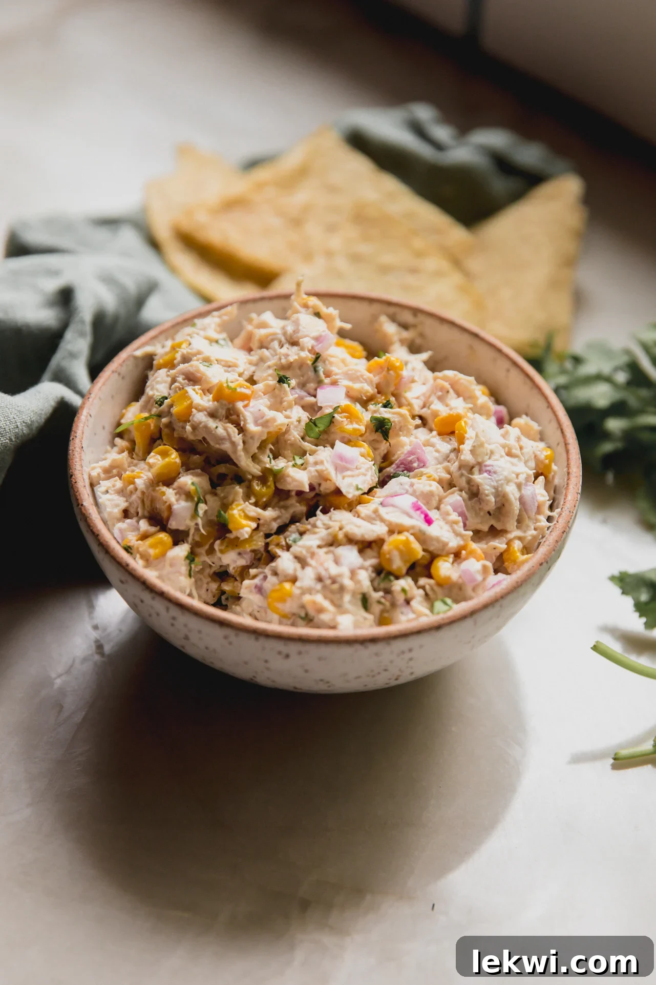 Street corn chicken salad in a bowl with tortilla chips in the background.